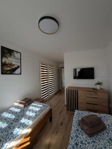 a bedroom with two beds and a dresser and a television at Domek na łowisku in Adamówka