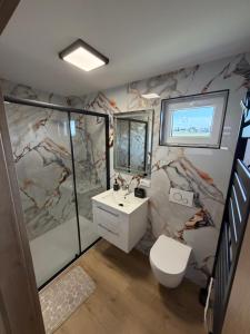 a bathroom with a shower and a sink and a toilet at Domek na łowisku in Adamówka +7 photos