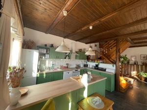 a kitchen with green cabinets and a wooden ceiling at Tyllichova Chata in Hejnice