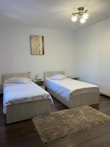 a bedroom with two beds and a ceiling fan at Casa Noel in Târgu Ocna