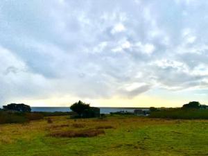 a field of grass with a cloudy sky and the ocean at Cadwalader House in Sea Ranch