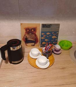 a table with a coffee pot and plates and an owl picture at Lakea Apartments in Virpazar