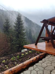 a wooden deck with a view of a mountain at Шале над скелею in Krivorovnya