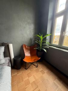 ein Schlafzimmer mit einem Stuhl und einer Pflanze neben einem Fenster in der Unterkunft Dream flat in Pilsen