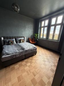 ein Schlafzimmer mit einem Bett und zwei Fenstern in der Unterkunft Dream flat in Pilsen + 7 Fotos