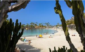 a view of a beach with people in the water at Deluxe Arguineguin Beach in Arguineguín