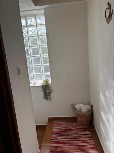 a hallway with a large window and a rug at Harcsa Vendégház Tiszafüred in Tiszafüred