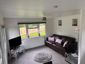 a living room with a couch and a television at Toad Hall Suite in Chelmsford