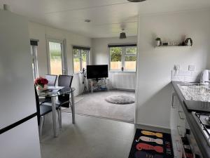 a kitchen and dining room with a table and a television at Toad Hall Suite in Chelmsford