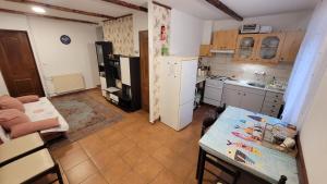 a kitchen with a refrigerator and a table in it at Harcsa Vendégház Tiszafüred in Tiszafüred +6 photos