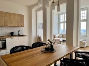 a kitchen and living room with a wooden table and chairs at Wohlfühl-Apartment Elbtal in Radebeul