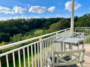 a table and chairs on a porch with a view at Wohlfühl-Apartment Elbtal in Radebeul