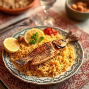 a plate of food with a fish on top of rice at hedia a monastir in Monastir