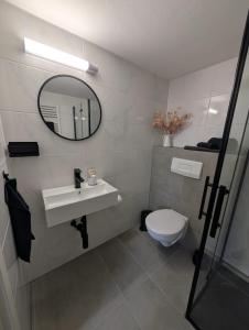 a bathroom with a sink and a mirror and a toilet at Gästezimmer am Deister in Barsinghausen +13 photos