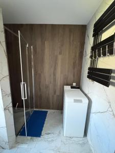 a bathroom with a toilet and a walk in shower at Biebrzańska Dolina 2 in Goniadz +14 photos