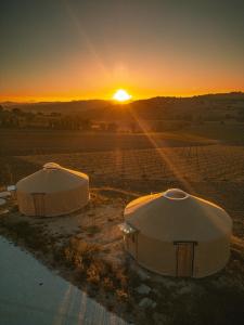 two tents in a field with the sunset in the background at Amapolas agri glamping in Camerano