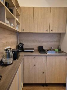 a kitchen with wooden cabinets and a sink at CsakMiKisház in Harkány +9 photos