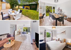 a collage of photos of a living room and dining room at Villa La Dorada, Normandy in Ver-sur-Mer