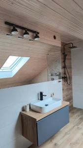 a bathroom with a white sink and a skylight at Apartamenty pod Orzechem in Kościerzyna +55 photos