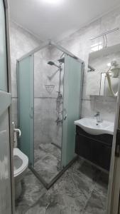 a bathroom with a shower and a toilet and a sink at Ehli Keyf Hotel in Istanbul