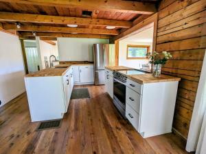 a kitchen with white appliances and wooden walls at Log Cabin with Mountain Views in Palmer