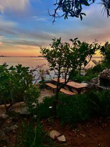 a picnic table with a view of the water at Old Stone House 2 in Mlini