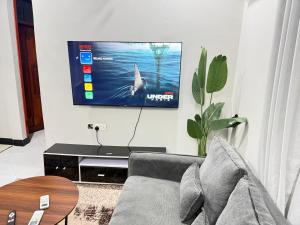 a living room with a couch and a tv on the wall at Rejao Homes in Dar es Salaam