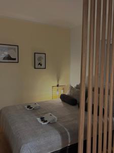 a bedroom with a bed with two controllers on it at Moon apartment in Mostar