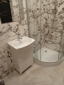 a bathroom with a sink and a shower at Krakowski in Boguszów-Gorce