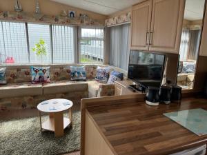 a living room with a couch and a tv at 50 Seaview Ingoldmells in Ingoldmells