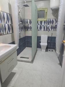 a bathroom with a shower with a toilet and a sink at النزهه in Quseir +18 photos