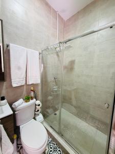 a bathroom with a toilet and a glass shower at San Felipe Loft in Panama City +37 photos