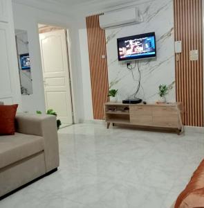 a living room with a couch and a tv on a wall at Appartement chic et luxueux in Rejiche +24 photos