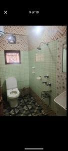 a green tiled bathroom with a toilet and a tub at Pink villa inn in Guwahati +11 photos
