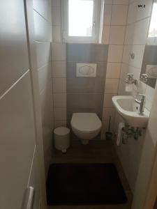 a small bathroom with a toilet and a sink at Aluxhaus in Heidenau +21 photos