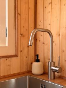 a kitchen sink with a faucet and a soap dispenser at CRASH'NSTAY - Moppie Avenue in Hooge Vaart +35 photos