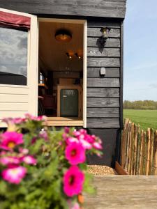 a black shed with pink flowers in front of it at CRASH'NSTAY - Moppie Avenue in Hooge Vaart