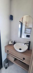 a bathroom with a sink and a mirror at Gîte isolé avec terrasse in Laignes +2 photos