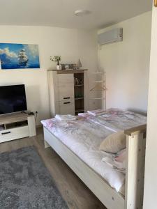 a bedroom with a large bed and a television at Full House in Bečej