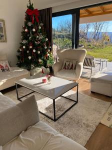 a living room with a christmas tree and a white coffee table at Villa Infinity View in Široki Brijeg