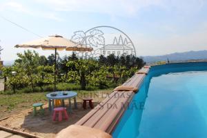 a swimming pool with a table and an umbrella at Quinta das Flores da Mãe in Folhada