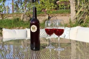 a bottle of wine and two glasses on a table at Quinta das Flores da Mãe in Folhada