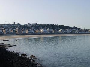 a view of a beach with houses and the water at Studio très belle vue mer in Pléneuf-Val-André