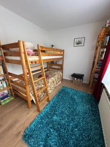 a room with two bunk beds and a rug at Ferienwohnung am Warnowhang in Kessin