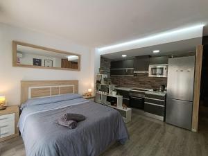 a bedroom with a large bed and a kitchen at GARRUCHA HOME AND BEACH in Garrucha