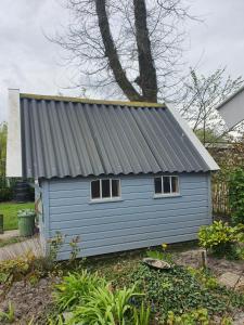 a small blue building with windows in a yard at Woonwagen Carpe Diem in Oudwoude