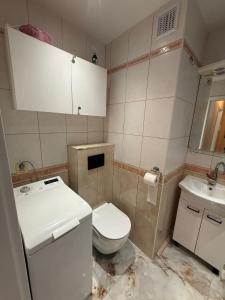 a bathroom with a white toilet and a sink at Apartament MIRO in Ostróda