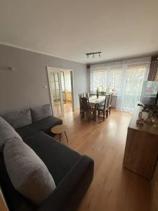 a living room with a couch and a table at Apartament MIRO in Ostróda
