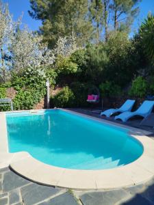a swimming pool with blue water in a yard at Bela Vista Alqueve - traditional stone house and private pool in Arganil