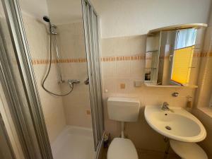 a bathroom with a shower and a toilet and a sink at Ferienwohnung Stadt-Wald-Park in Bad Harzburg